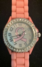 New ladies&#39; Geneva rhinestone, silicone pink strap, breast cancer wristwatch - £15.55 GBP