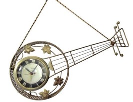 Vtg United Clock Corp 23&quot; Pierced Metal Gold Tone Banjo Guitar Wall Clock Tested - £39.33 GBP