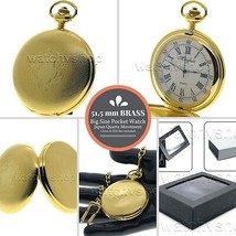 GOLD Pocket Watch Solid Brass Case XL Size 51 MM Men Gift Fob Chain &amp; Bo... - £20.11 GBP