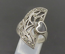 925 Silver - Vintage Black Onyx &amp; Marcasite Heart Cocktail Ring Sz 9 - RG18700 - £29.16 GBP