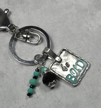 Be Bold Crystal Rhinestone Pewter Keychain Purse Charm Turquoise Black New - $16.03