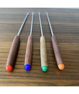 Vtg Fondue Forks Stainless Steel MCM Wood Handle Color Dot Set of 4 Japan - £4.92 GBP