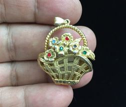 FLOWER Basket with WATCH Gold-Tone PENDANT with Rhinestones - 1 1/2 inches - $30.00