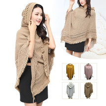 Women&#39;s Fall Winter Hooded Sweater Cape Shawl Hollow Tassel Pullover Cardigan US - £13.96 GBP