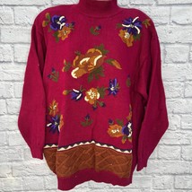 Vintage 90s Leslie Fay Mock Neck Sweater Size L Maroon Red Floral Embroi... - $44.50