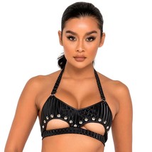 Studded Crop Top Underboob Cut Out Keyhole Halter Neck O Rings Spiked Black 6119 - £29.01 GBP