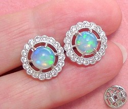 Edwardian Style Cabochon Opal 1.08ctw Diamond Scalloped Halo 18K Stud Earrings - £1,566.10 GBP