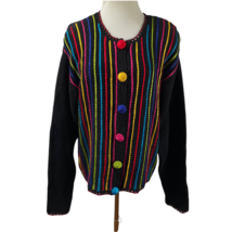 Vintage Embroidered Striped Black Ramie Cotton Cardigan Size L Lisa 80s - £19.55 GBP