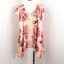 One World Women&#39;s M Pink Floral Draped Asymmetrical Short Sleeve Tunic Blouse - £17.94 GBP