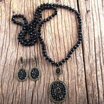 RH Fashion Boho Jewelry Set Glass Long Knotted  Metal Pave Crystal Dorp Necklace - $21.27