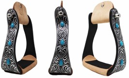 Horse 5&quot; Black Aluminum Engraved Barrel Racing Stirrups w/ Turquoise Stones - £43.53 GBP