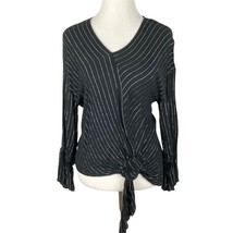 Juicy Couture Top Womens XS Black Silver V-Neck Blouse Striped Bell Sleeve - £19.45 GBP
