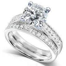 2.10 Ct Round Cut 14K White Gold Over Diamond Engagement Wedding Bridal Ring Set - £63.06 GBP