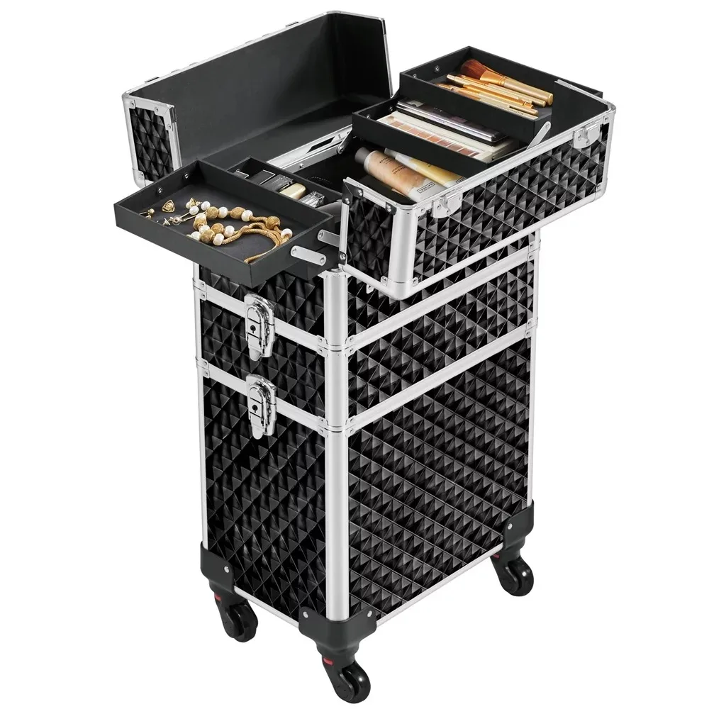 3-in-1 Rolling Makeup Train Case Cosmetic Trolley, Black - £157.95 GBP