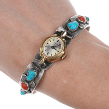 7&quot; c1950&#39;s Women&#39;s Zuni Sterling coral, and turquoise watch cuff bracelet - £132.68 GBP