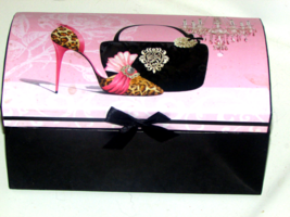 JEWELRY BOX w/pink-black feminine picture top 8 5x4&quot; - £14.24 GBP