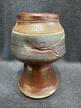 Vintage Pottery Chalice Vase Goblet Salt Glaze Signed Primitive Style - £10.89 GBP