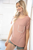 Rose Loose Fit Rib Knit Lace Edge Front Pocket Top - £18.09 GBP