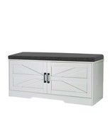 White 2-Tier Shoe Bench with Padded Seat, Barn Door Adjustable Shelves - $150.99