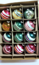 12 Vintage Shiny Brite Striped Glass Christmas Tree Ornaments MCM Lot in Box - £151.07 GBP