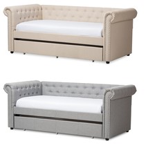 Chesterfield Twin Trundle Beige or Gray Fabric Daybed Silver Nail Head Trim - $779.97