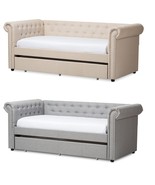 Chesterfield Twin Trundle Beige or Gray Fabric Daybed Silver Nail Head Trim - $902.63 CAD+