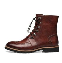 Handmade Customized Men Ankle High Brown Leather Wing Tip Boots - £119.87 GBP