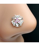 Real 925 Sterling Silver Pink White CZ Indian Style Nose ring Push Pin - €16,97 EUR