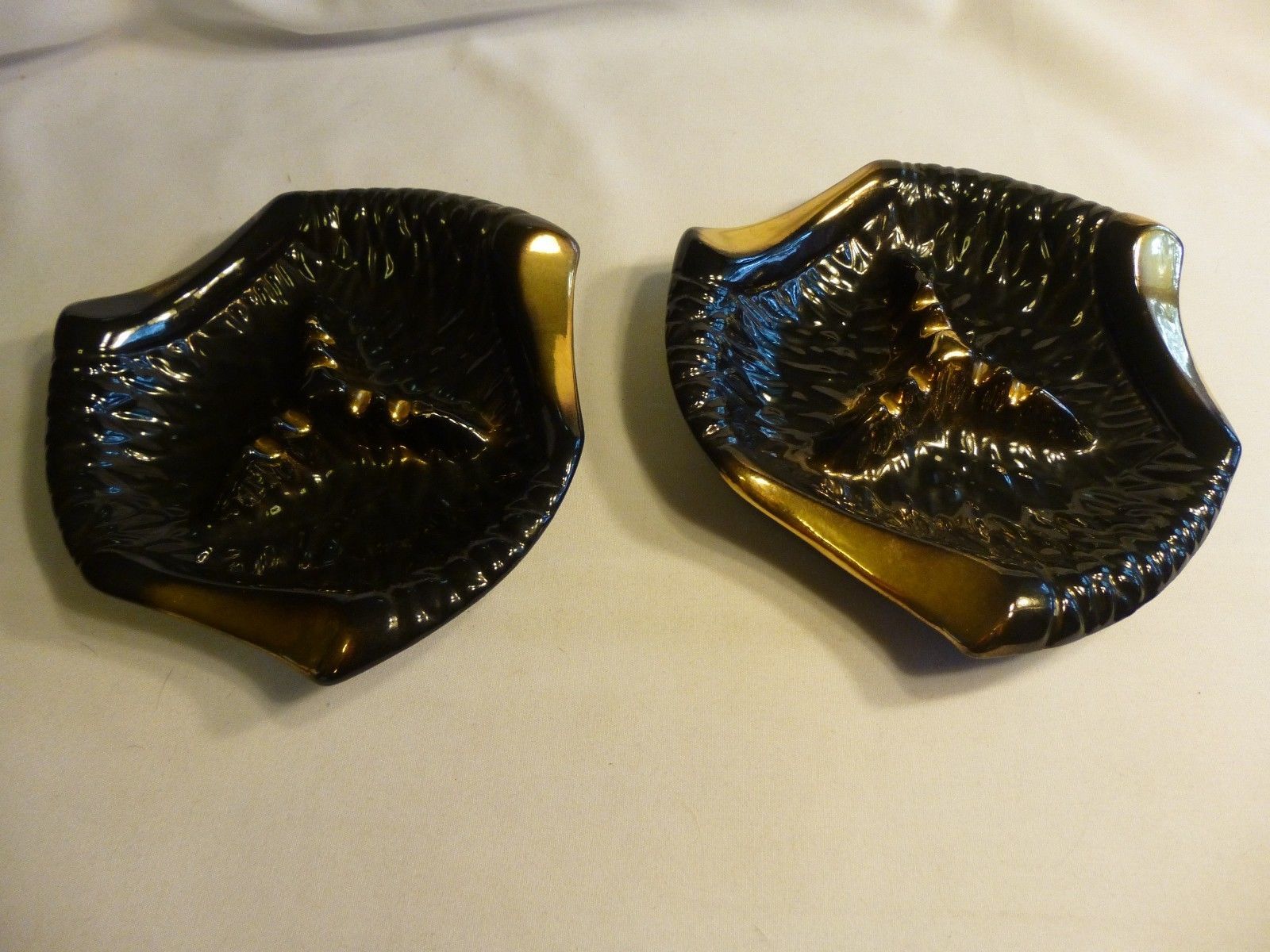 Pair of California Pottery Black & Gold Porcelain Ashtrays vintage Large USA 526 - $27.71