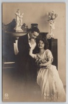 RPPC Love At Piano Dapper Man Pretty Lady with Satyr &amp; Nymph Statue Postcard C36 - £13.38 GBP