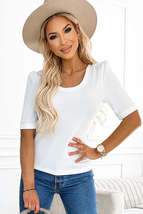 White Round Neck Half Sleeve Ribbed Knit Top - £11.85 GBP