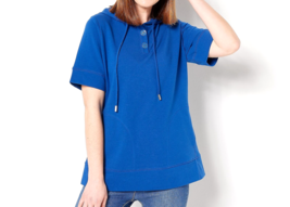 Joan Rivers French Terry Short Sleeve Hoodie- Bright Blue, Small - £16.61 GBP