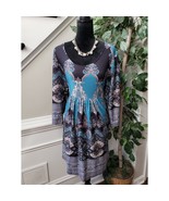 A-Line Dress Womens Size 2X Blue Paisley Gathered Long Sleeve Round Neck... - $24.75