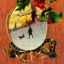 A Merry Christmas Faux Wood Holly Hunting Scene Gilt Embossed 1914 Postcard - $5.89
