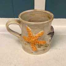 Signed studio pottery handpainted Starfish Mug hand painted pottery - $31.14