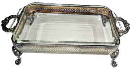 Vtg Anchor Hocking Fire King Glass Casserole Dish with Silver plated Tra... - $49.99