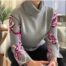 CABI Eden gray/purple floral flared sleeve turtleneck sweater #3704 Size... - $43.54