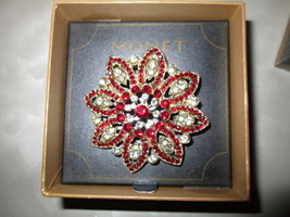  Gold/Red/Clear Women&#39;s Christmas Flower Pin with Simulated Stones - £11.95 GBP