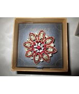  Gold/Red/Clear Women&#39;s Christmas Flower Pin with Simulated Stones - £11.76 GBP