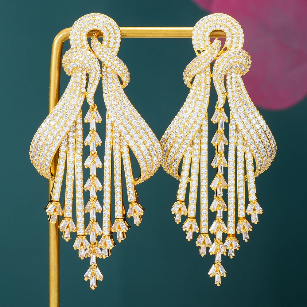 New Luxury golden Long Big Pendant Earrings For Women Wedding Party CZ Dubai Bri - £47.03 GBP