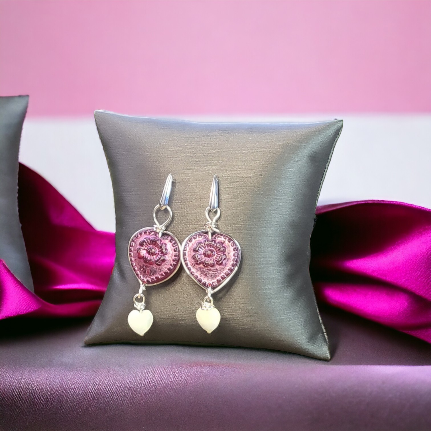 Primary image for Pink Glass Dangle Earrings with mother of Pearl