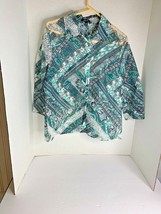 Elements Womens Sz M Sheer Blouse Floral Blue Green Black Button Up 3/4 Sleeve - £10.84 GBP