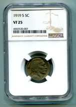 1919-S Buffalo Nickel Ngc Vf 25 Nice Original Coin Premium Quality Pq Bobs Coins - £97.95 GBP