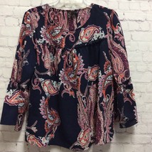 New Directions Womens Blouse Navy Blue Paisley Long Sleeve Scoop Neck Stretch M - £4.56 GBP