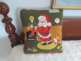 SANTA HANGING STOCKING NEEDLEPOINT PILLOW w/Removable Cover - 14&quot; x 14&quot; - £19.75 GBP