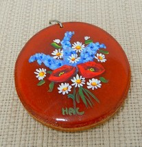 Adorable vintage round wooden hand painted flower medallion pendant - $10.00