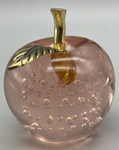 Vintage Blown Art Glass Apple Paperweight Gold Stem Leaf Bullicante Light Pink - £14.74 GBP