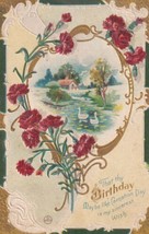 Birthday Like Carnation Day Swans Lake Art Nouveau Gold Embossed Postcard D46 - £2.37 GBP