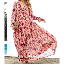 Bright Floral Tiered Lightweight Long Sleeve Ruffle Retro Summer Maxi Dress - £36.04 GBP