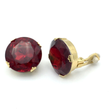 ZOE COSTE vtg designer clip earrings - huge round ruby red faceted glass gold - £54.72 GBP